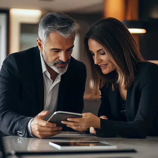 Asesor mostrando simulación a cliente